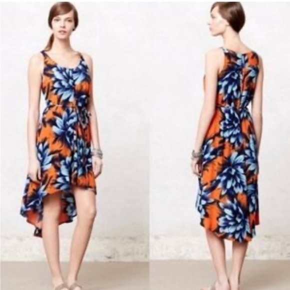 Anthropologie  Orange and blue Maeve Floral high-low Dress - Picture 1 of 7